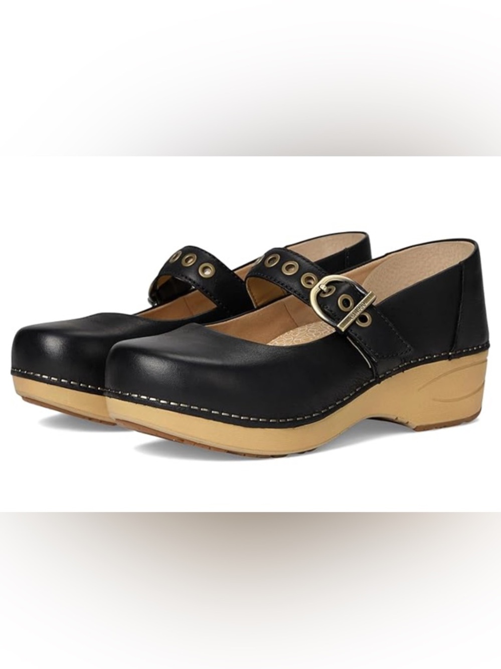 Dansko 2.0 Black Mary Jane Clog with Tan Platform and Gold Buckle